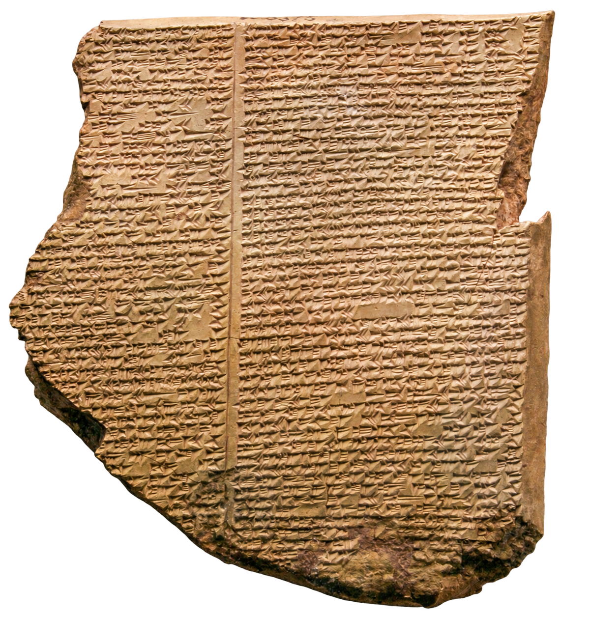 A fragmentary clay tablet, its surface densely covered in cuneiform script, at the British Museum.