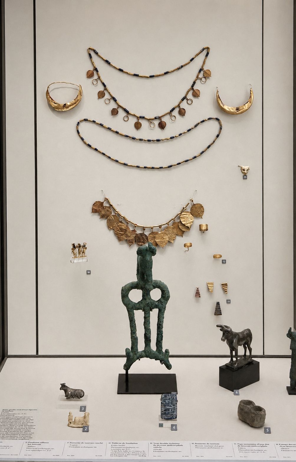 Ancient Mesopotamian jewelry and votive objects in gold and stone, displayed behind glass at the Louvre.
